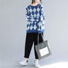 Plaid Round-neck Lantern-sleeve Knit Sweater Blue - F