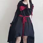 Asymmetric Hem Long-sleeve Bow A-line Dress Black - One Size
