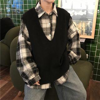 Long Sleeve Plaid Shirt / V-neck Vest