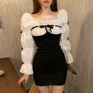 Long-sleeve Lace Trim Two-tone Mini Sheath Dress