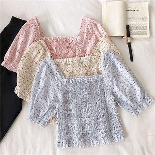 Floral Square-neck Frilled Ruffled-trim Short-sleeve Blouse