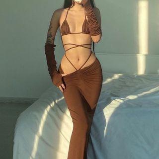 Set: Cropped Halter Top + Lace Up Midi Pencil Skirt + Arm Sleeves