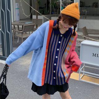 Color Block Collared Knitted Cardigan As Shown In Figure - One Size