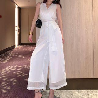 Set: Sleeveless Wrap Chiffon Top + Wide-leg Pants