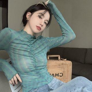 Long-sleeve Plain Top Peacock - One Size