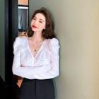 Long-sleeve Faux Pearl V-neck Blouse White - One Size