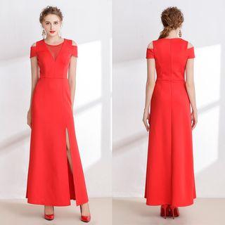 Slit-side Cap Sleeve Cutout A-line Evening Gown