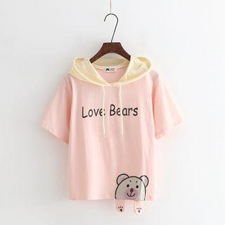 Bear Print Hooded Short-sleeve T-shirt