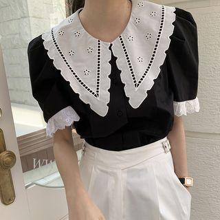 Elbow-sleeve Eyelet Lace Trim Blouse