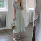 Puff-sleeve Dotted Mesh Bow Midi A-line Dress Green - One Size