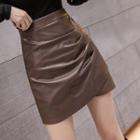 Shirred Faux Leather A-line Skirt