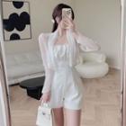 Faux Pearl Trim Cropped Light Jacket / Strapless Romper