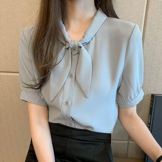 Short-sleeve Bow-neck Plain Blouse