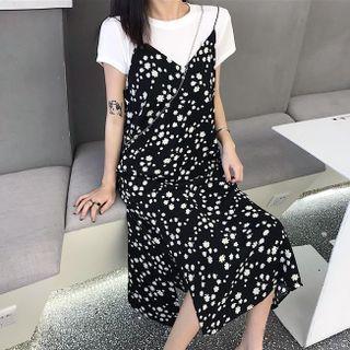 Spaghetti Strap Floral Print Slit Midi A-line Dress Black - One Size