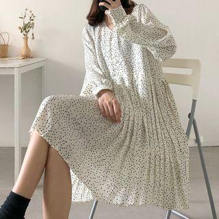 Dotted Long-sleeve Mini Accordion Pleated Chiffon Dress