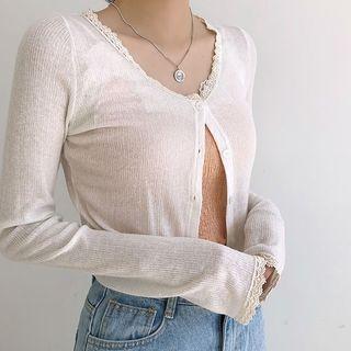 Set: Lace-trim Cropped Cardigan + Camisole Top