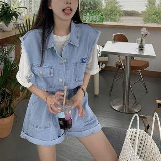 Sleeveless Denim Romper / Short-sleeve T-shirt