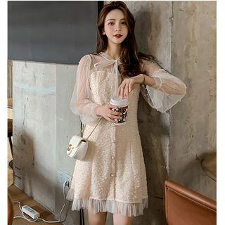 Long-sleeve Buttoned Mini Mesh Dress