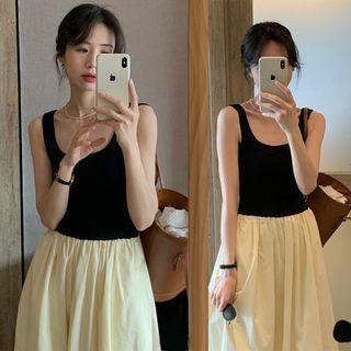 Sleeveless Two Tone A-line Dress Black & Beige - One Size