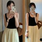Sleeveless Two Tone A-line Dress Black & Beige - One Size