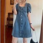 Short-sleeve Square-neck Denim Mini Dress