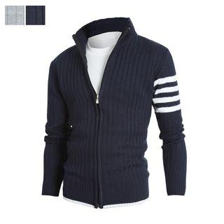 Contrast-trim Zip-up Rib-knit Cardigan