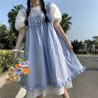 Ruffle Trim A-line Overall Dress / Puff-sleeve Midi Dress