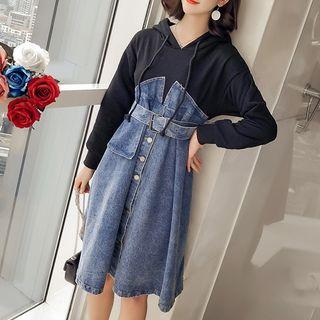 Denim Panel Hooded A-line Dress