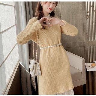 Mock-turtleneck Sleeveless Midi A-line Lace Dress / V-neck Faux Pearl Sweater