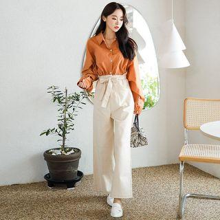 Frayed Paperbag-waist Wide-leg Pants