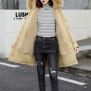 Hooded Fluffy Trim Zip Long Jacket
