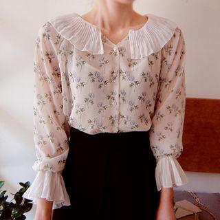 Pleated Lace-trim Floral Print Blouse