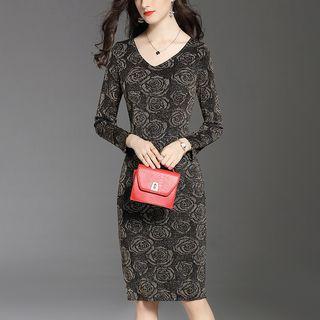 Floral V-neck Long-sleeve Bodycon Dress