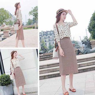 Set: Off-shoulder Dotted 3/4-sleeve Top + Plaid A-line Skirt