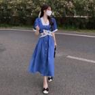 Puff-sleeve Lace Trim Midi A-line Dress Blue - One Size
