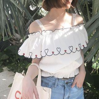 Embroidered Lace Strap Frilled Short-sleeve Top