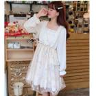 Embroidered Ruffle Trim Long-sleeve A-line Dress Light Almond - One Size