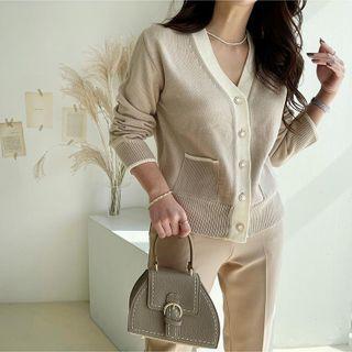 Contrast-trim Faux-gem Button Cardigan