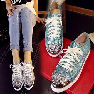 Rhinestone Metallic Lace Up Sneakers
