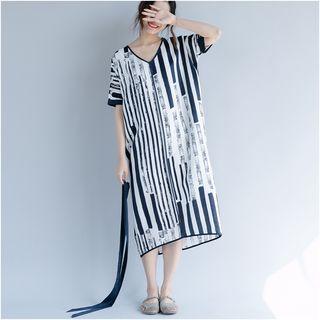 Striped V-neck Short-sleeve Midi Shift Dress