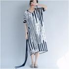 Striped V-neck Short-sleeve Midi Shift Dress