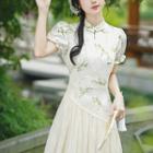 Puff-sleeve Floral Panel Midi A-line Qipao Dress