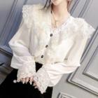 Long-sleeve Lace-panel Plain Blouse White - One Size