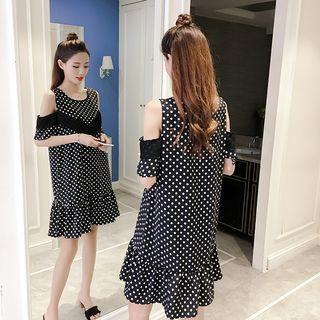 Cut-out Shoulder Polka Dot A-line Dress