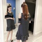 Cut-out Shoulder Polka Dot A-line Dress