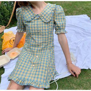 Short-sleeve Plaid Wide-collar A-line Dress