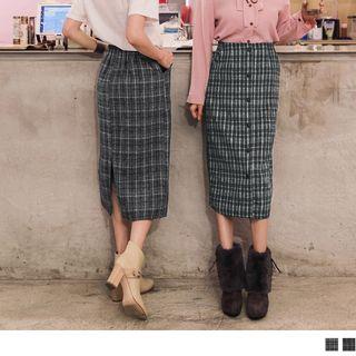 Slit-back Check Buttoned Midi Skirt