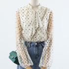 Long-sleeve Dotted Blouse / Washed Denim Midi A-line Skirt