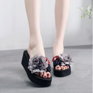 Platform Wedge Heel Floral Slide Sandals