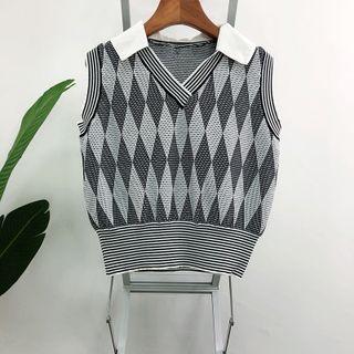 Argyle V Neck Collared Knit Vest